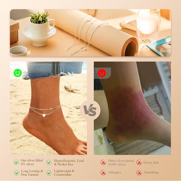 Sterling Silver Ankle Bracelets for Women,Gold Dainty Layered Waterproof Anklet - Picture 5 of 9